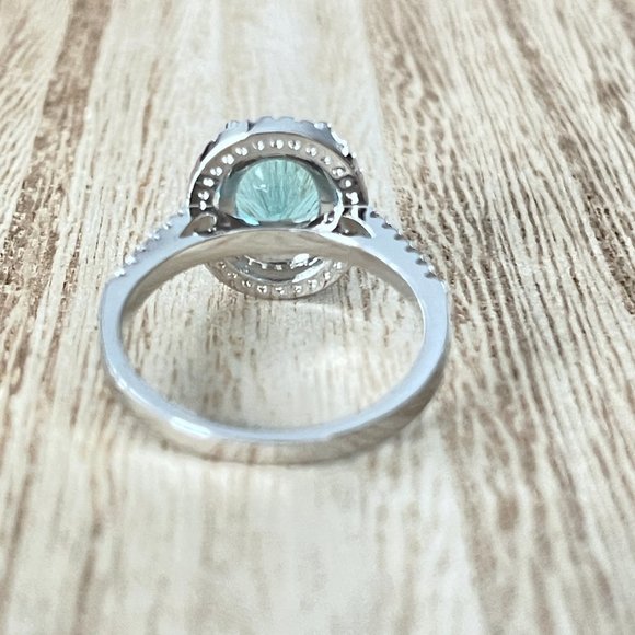 Oval Simulated Light Blue Topaz Halo Ring - 925 Sterling Silver - Picture 3 of 5